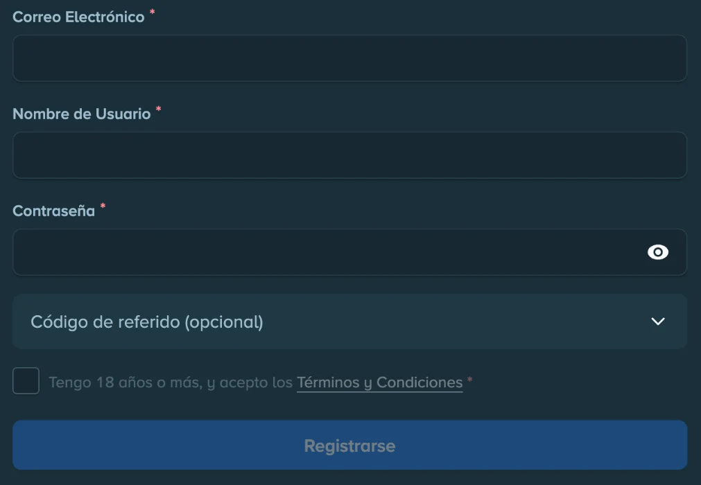 Formulario de registro e inicio de sesión en Stake Casino